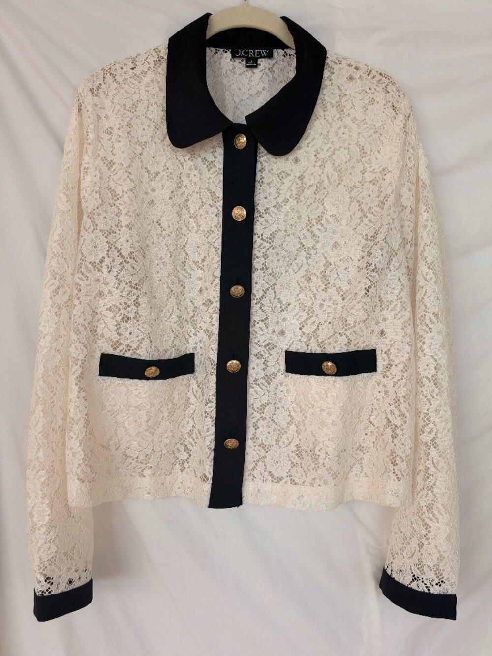 J. Crew Cream Lace Blouse with Black Trim & Gold Buttons
